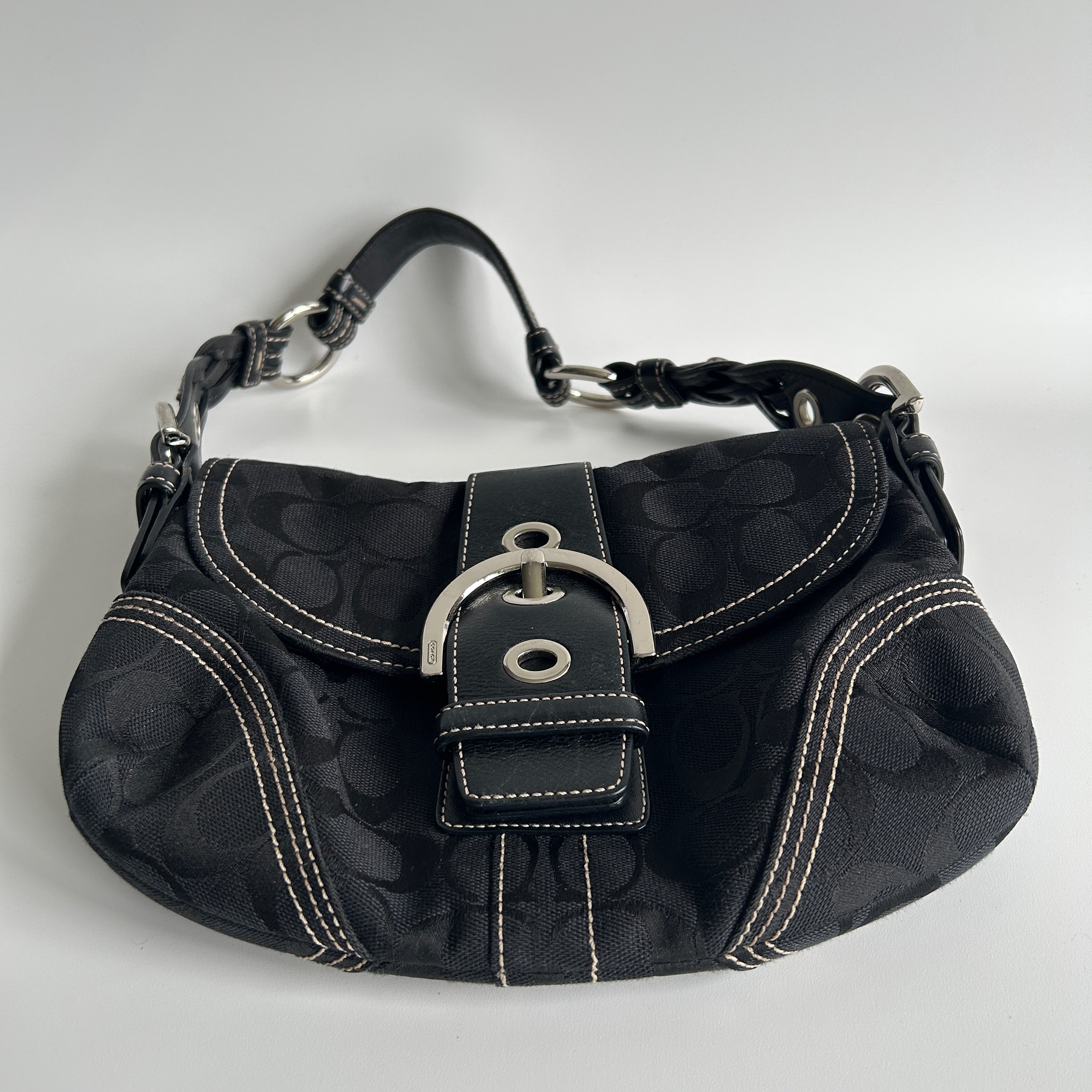 Coach Soho Flap Black Signature Canvas Leather Shoulder Bag Excellent