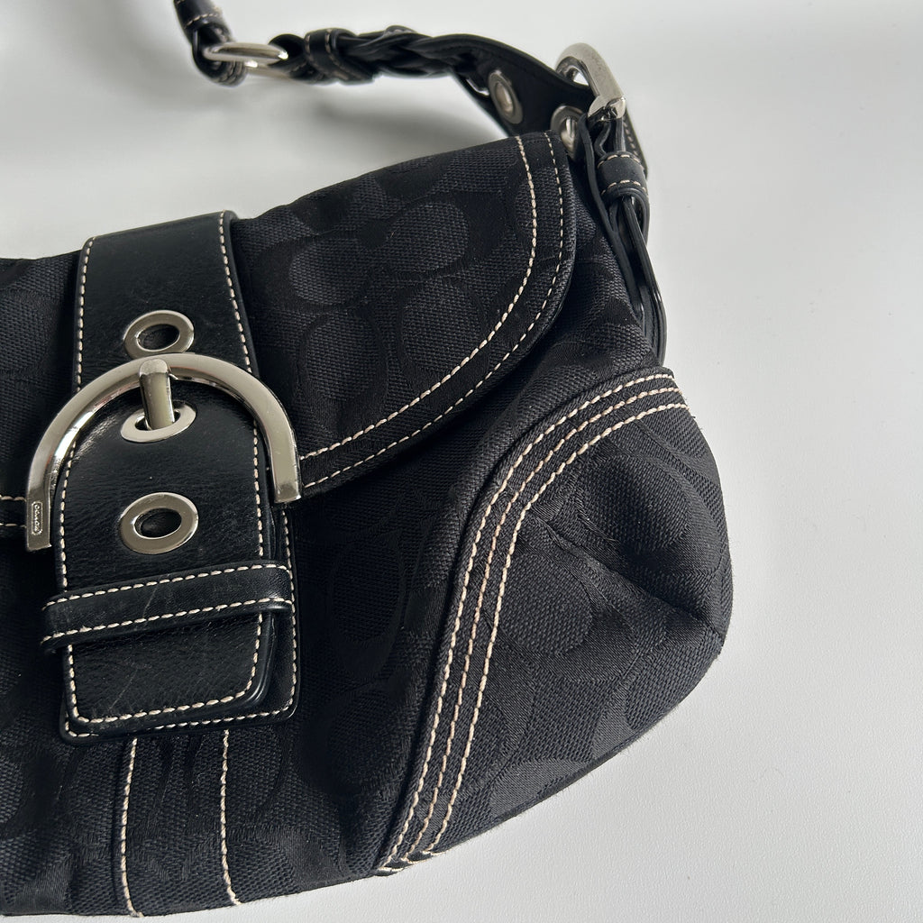 Coach Soho Flap Black Signature Canvas Leather Shoulder Bag Excellent