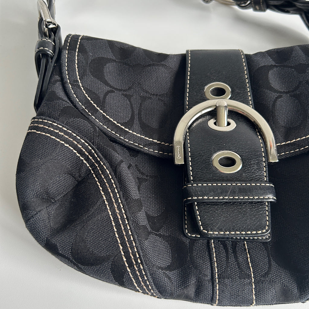 Coach Soho Flap Black Signature Canvas Leather Shoulder Bag Excellent
