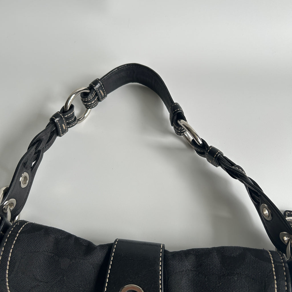 Coach Soho Flap Black Signature Canvas Leather Shoulder Bag Excellent