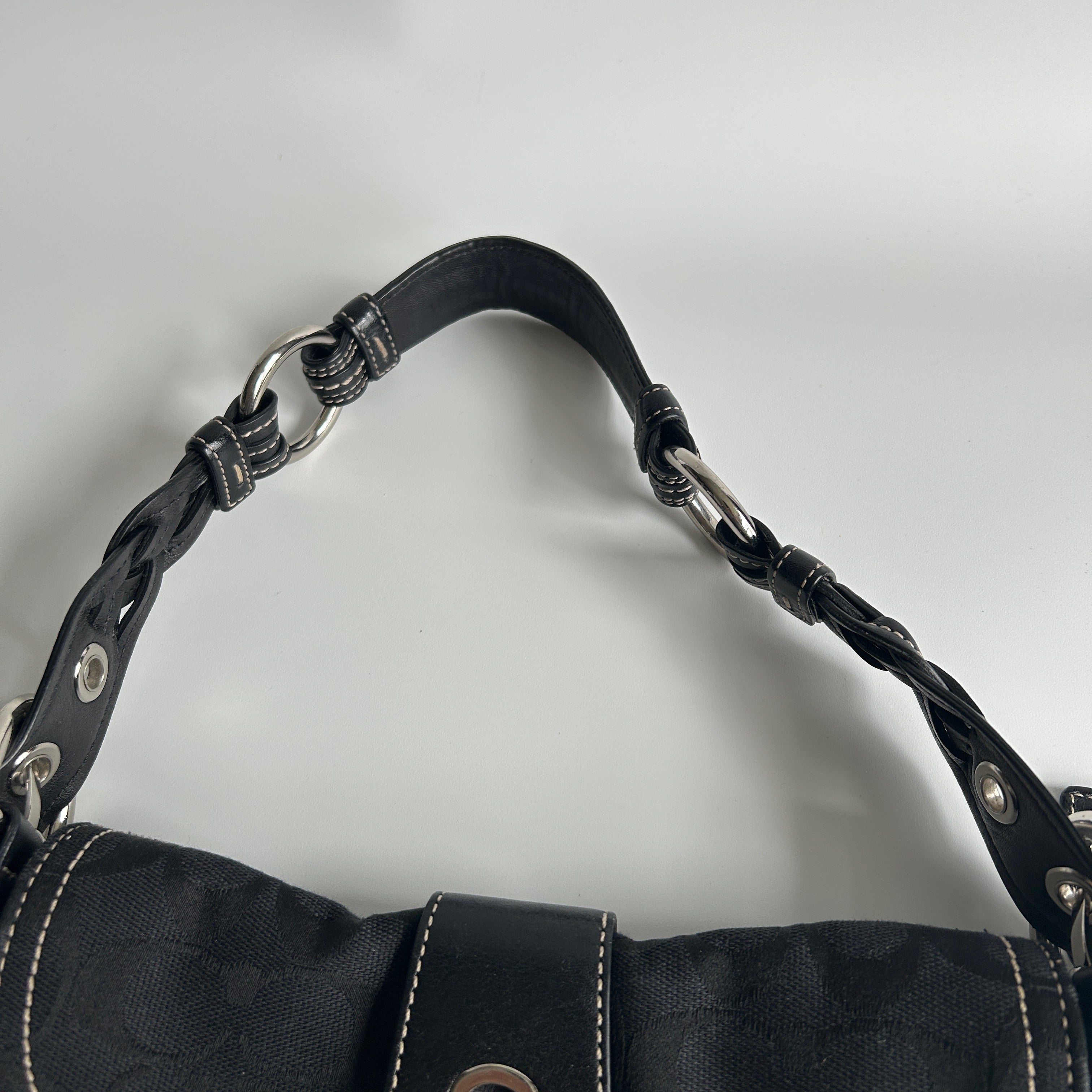 Coach Soho Flap Black Signature Canvas Leather Shoulder Bag Excellent
