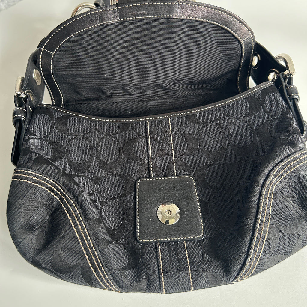 Coach Soho Flap Black Signature Canvas Leather Shoulder Bag Excellent