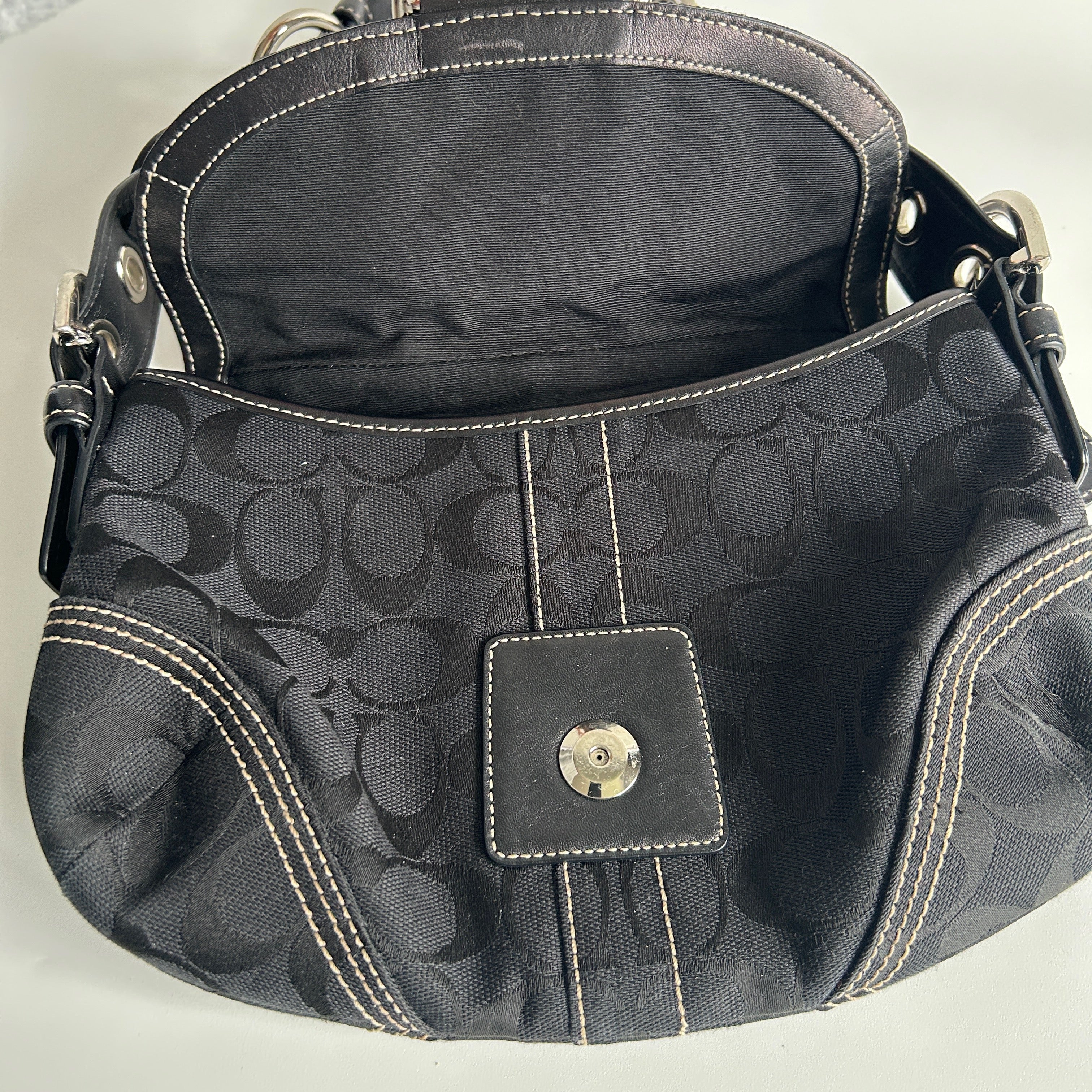 Coach Soho Flap Black Signature Canvas Leather Shoulder Bag Excellent