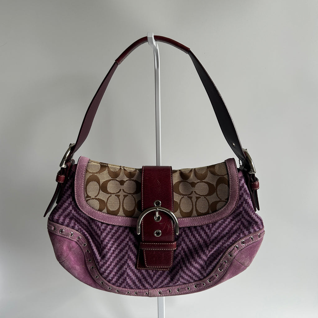 Coach Soho Flap Purple Herringbone Wool Suede Shoulder Bag Good