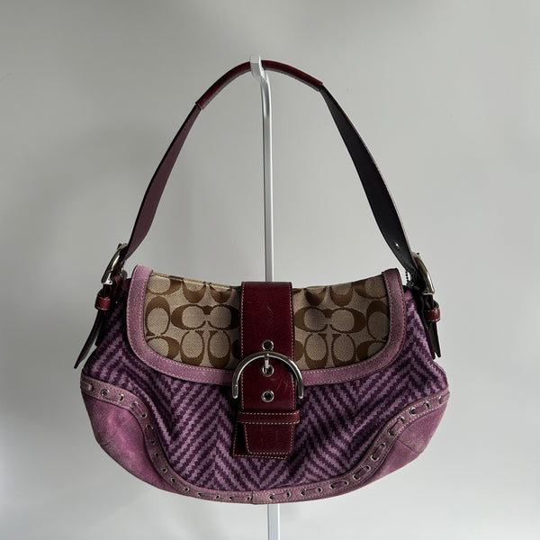 Coach Soho Flap Purple Herringbone Wool Suede Shoulder Bag Good