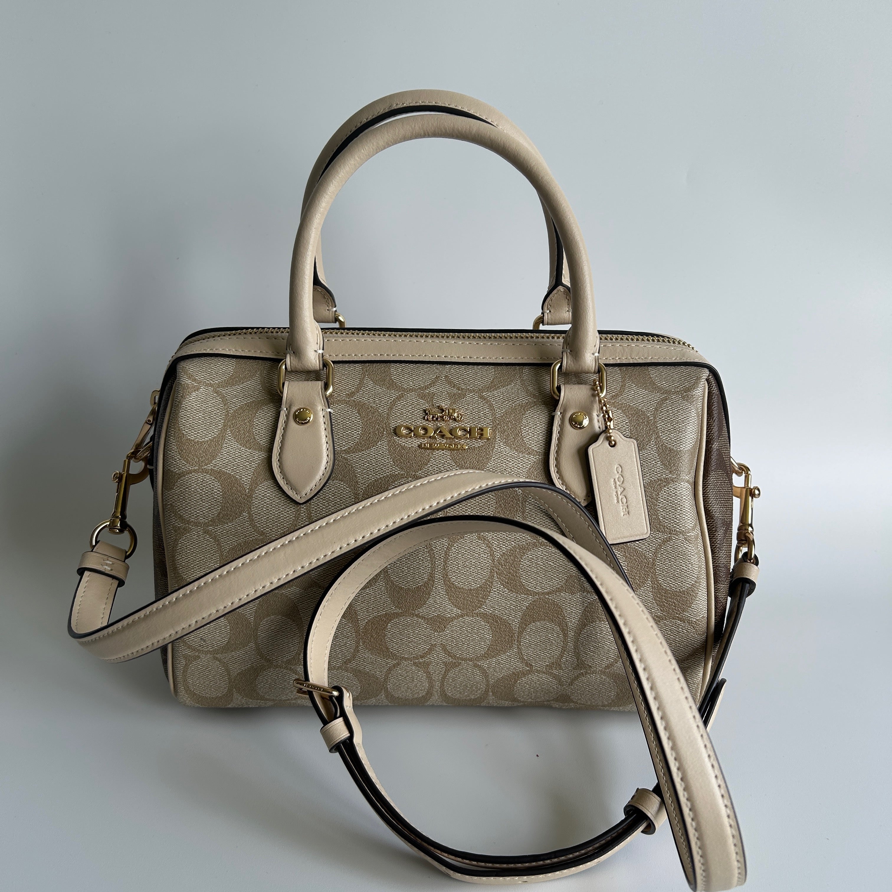 Coach Rowan Satchel Khaki Chalk Signature Canvas Leather Bag Excellent