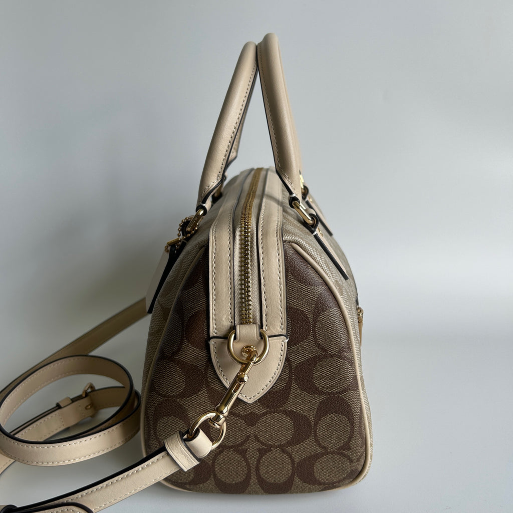 Coach Rowan Satchel Khaki Chalk Signature Canvas Leather Bag Excellent