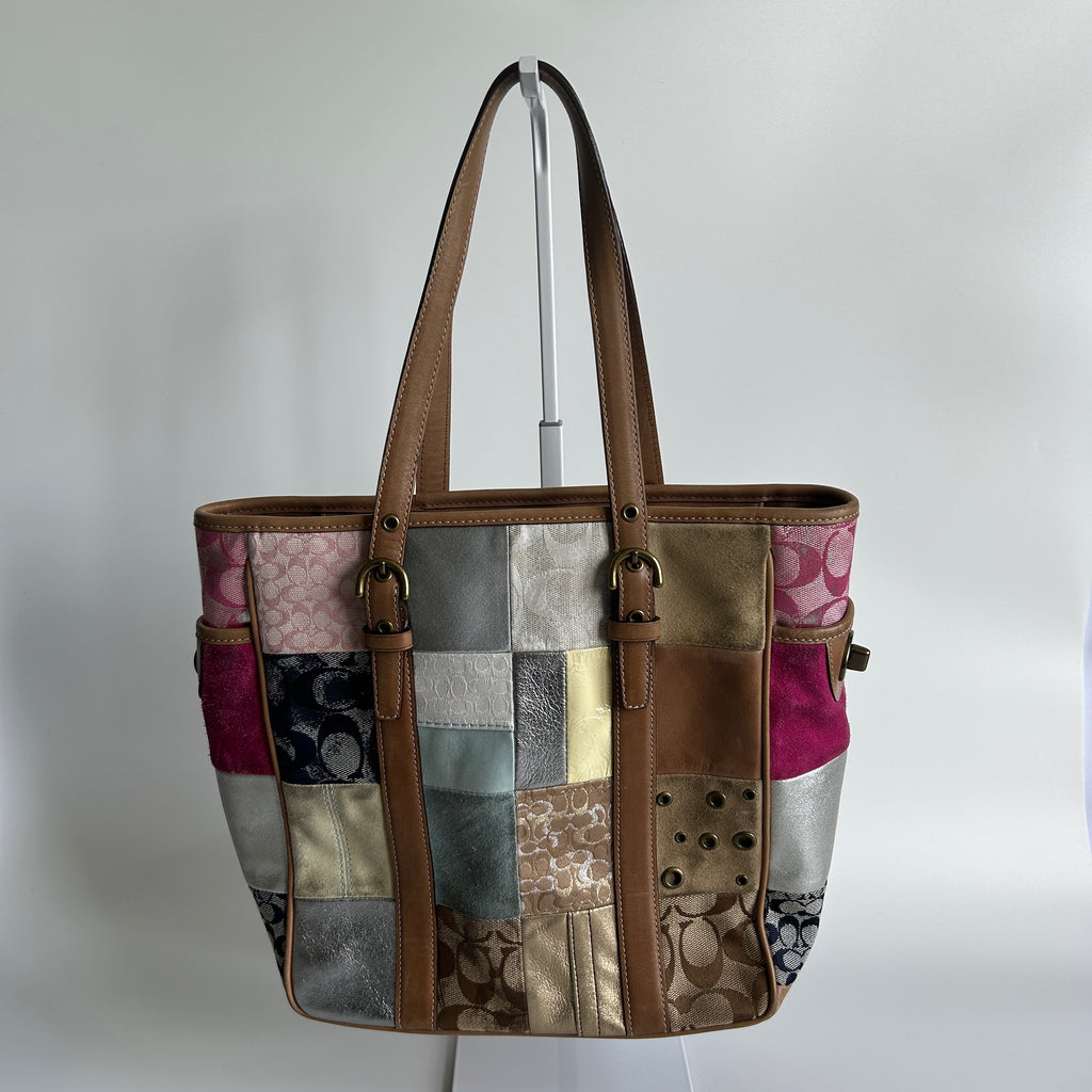 Coach Holiday Patchwork Multicolor Leather Suede Tote Bag 10001 GOOD