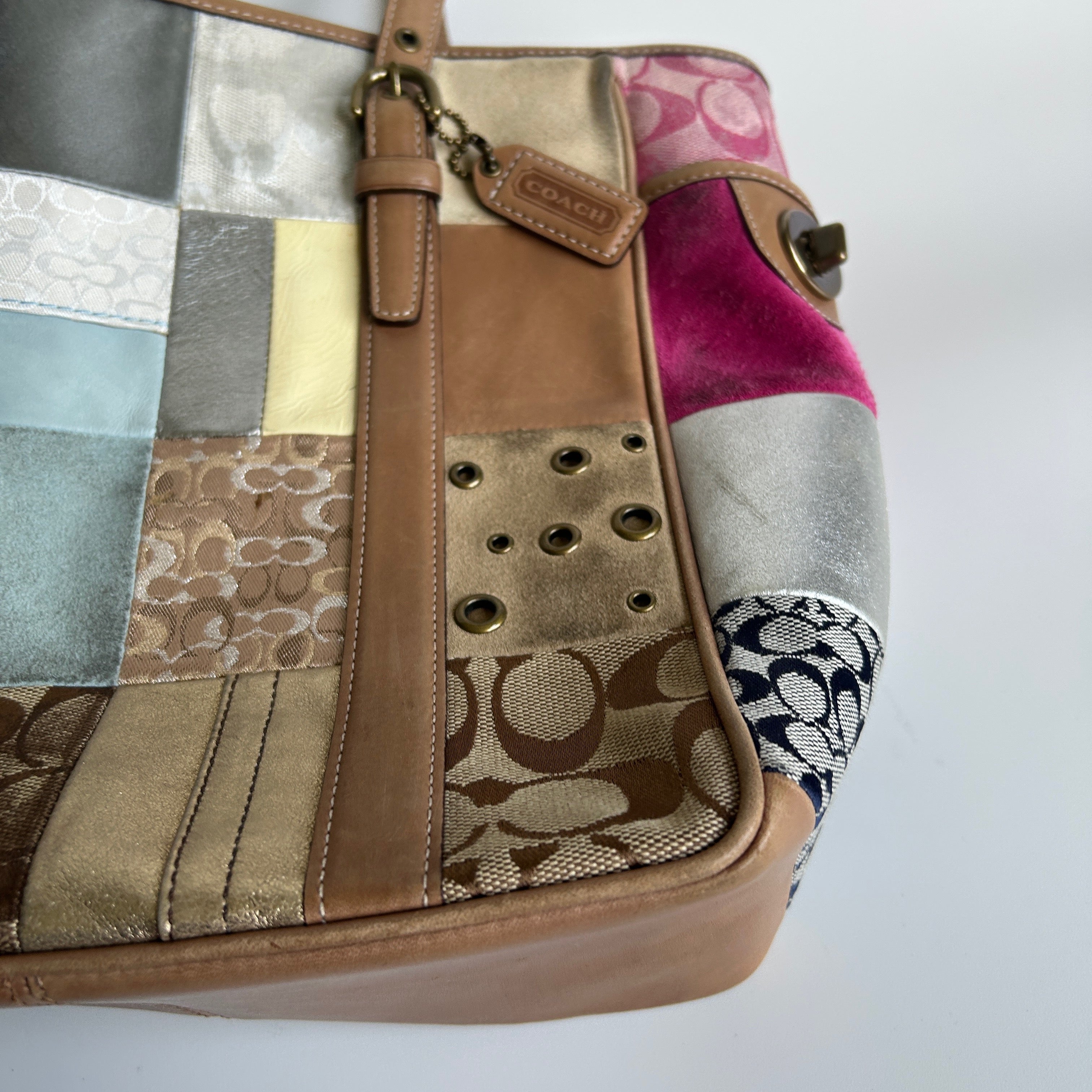 Coach Holiday Patchwork Multicolor Leather Suede Tote Bag 10001 GOOD