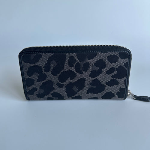 Coach Accordion Zip Wallet Black Grey Leopard Jacquard Leather Excellent