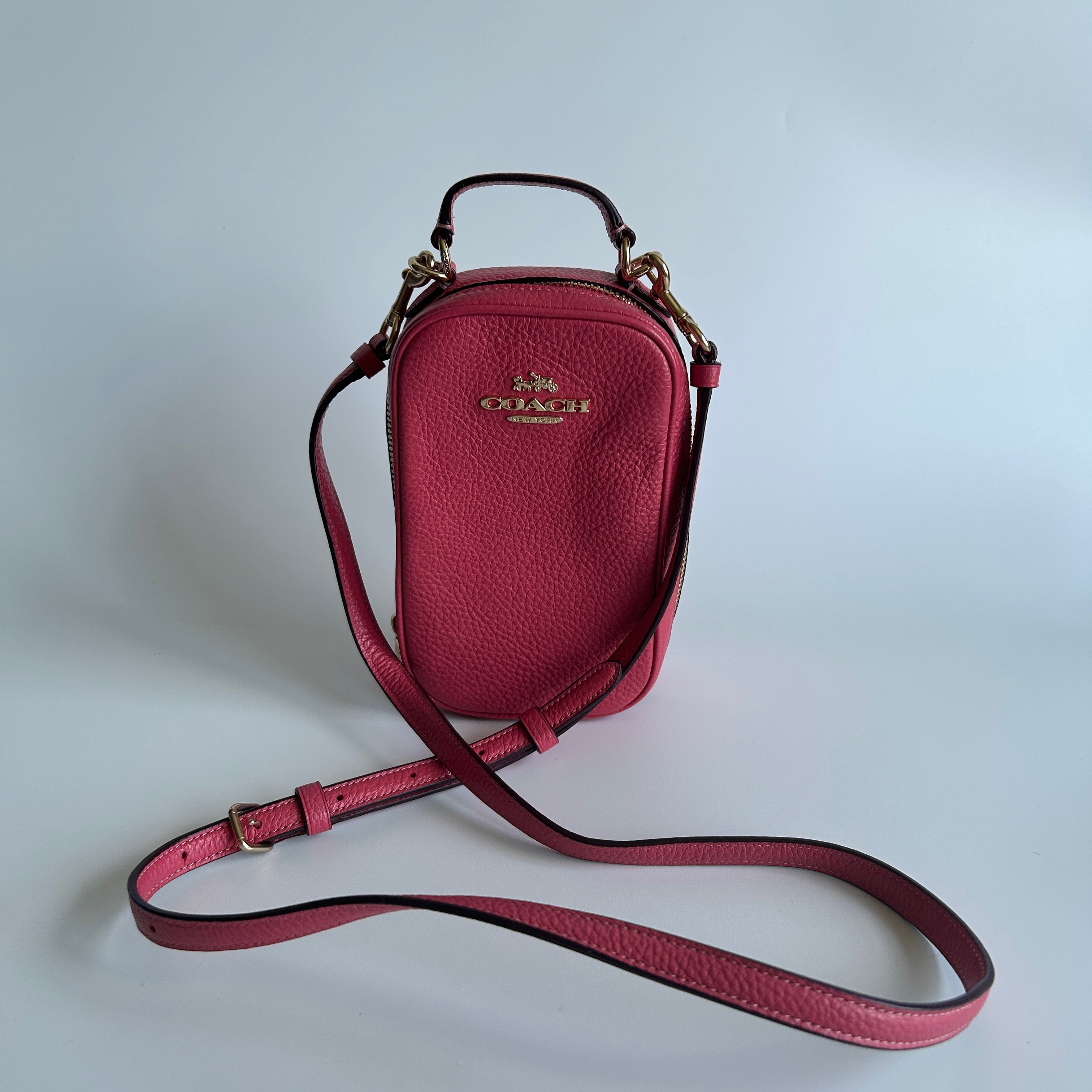 Coach North South Watermelon Pink Pebbled Leather Crossbody Bag Excellent