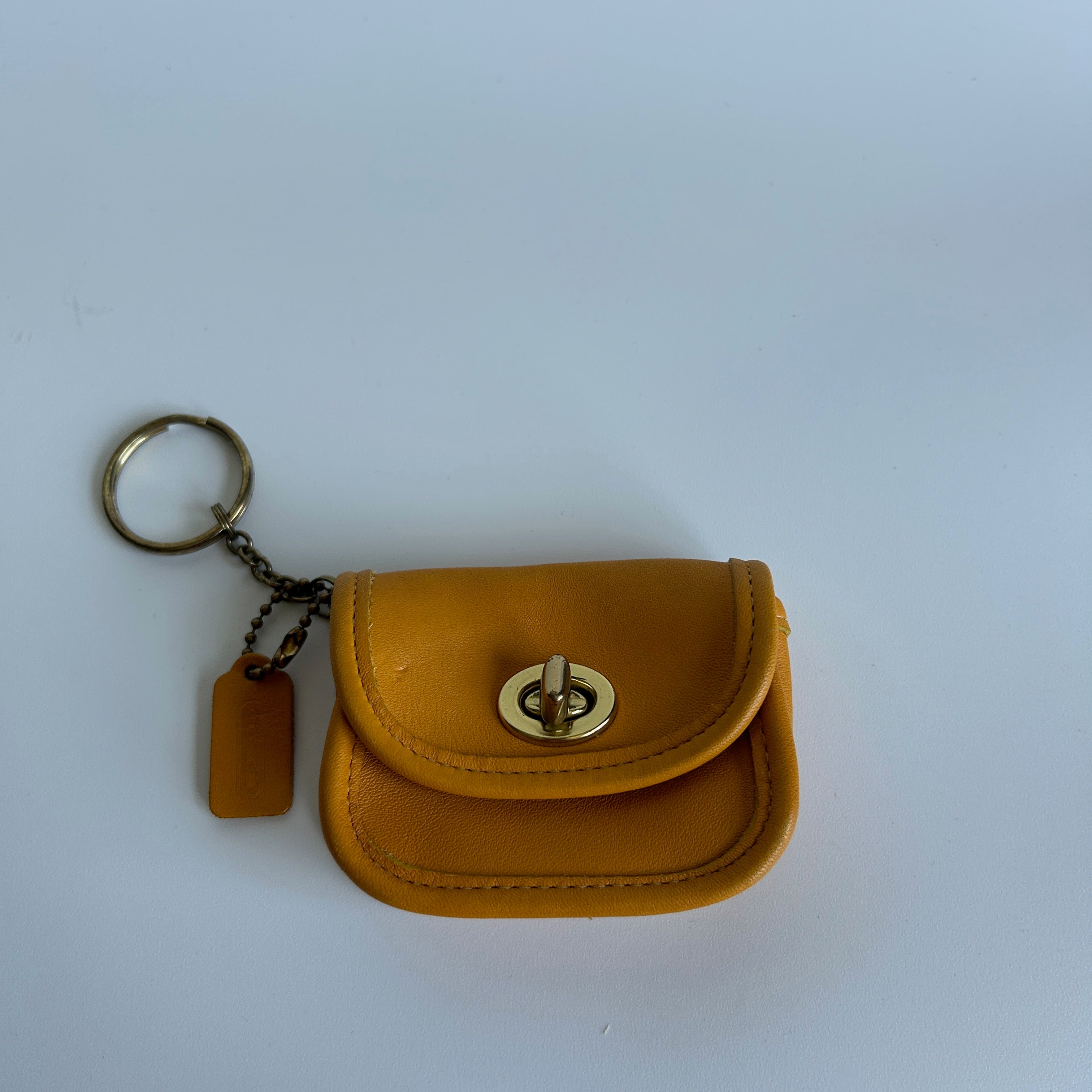 Coach Vintage Mini Pouch Mustard Yellow Leather Keychain Excellent