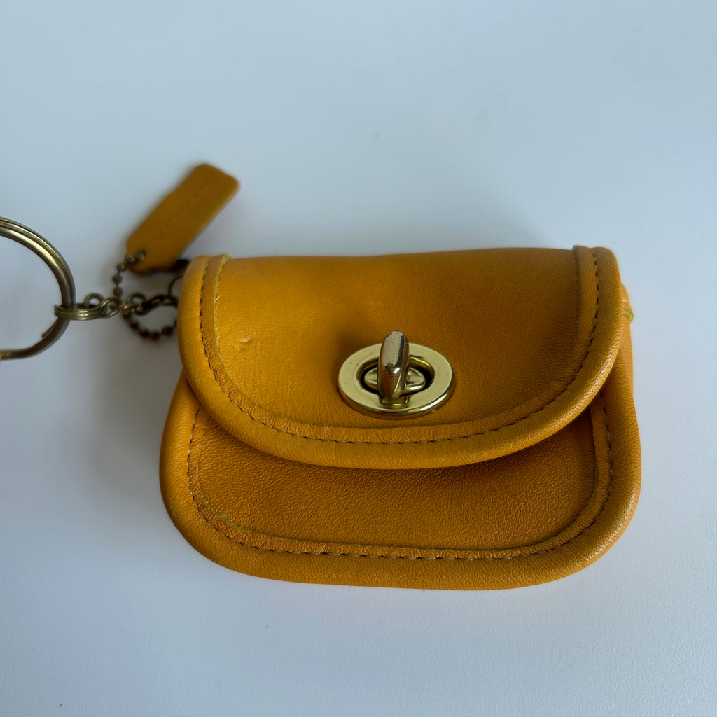 Coach Vintage Mini Pouch Mustard Yellow Leather Keychain Excellent