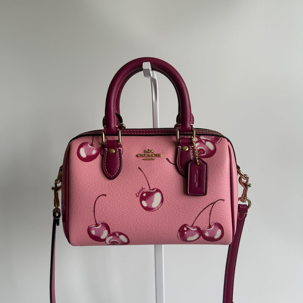 Coach Rowan Satchel Pink Cherry Print Crossgrain Leather Handbag Excellent