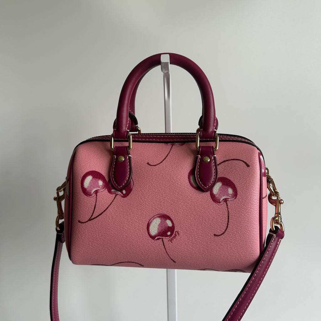 Coach Rowan Satchel Pink Cherry Print Crossgrain Leather Handbag Excellent
