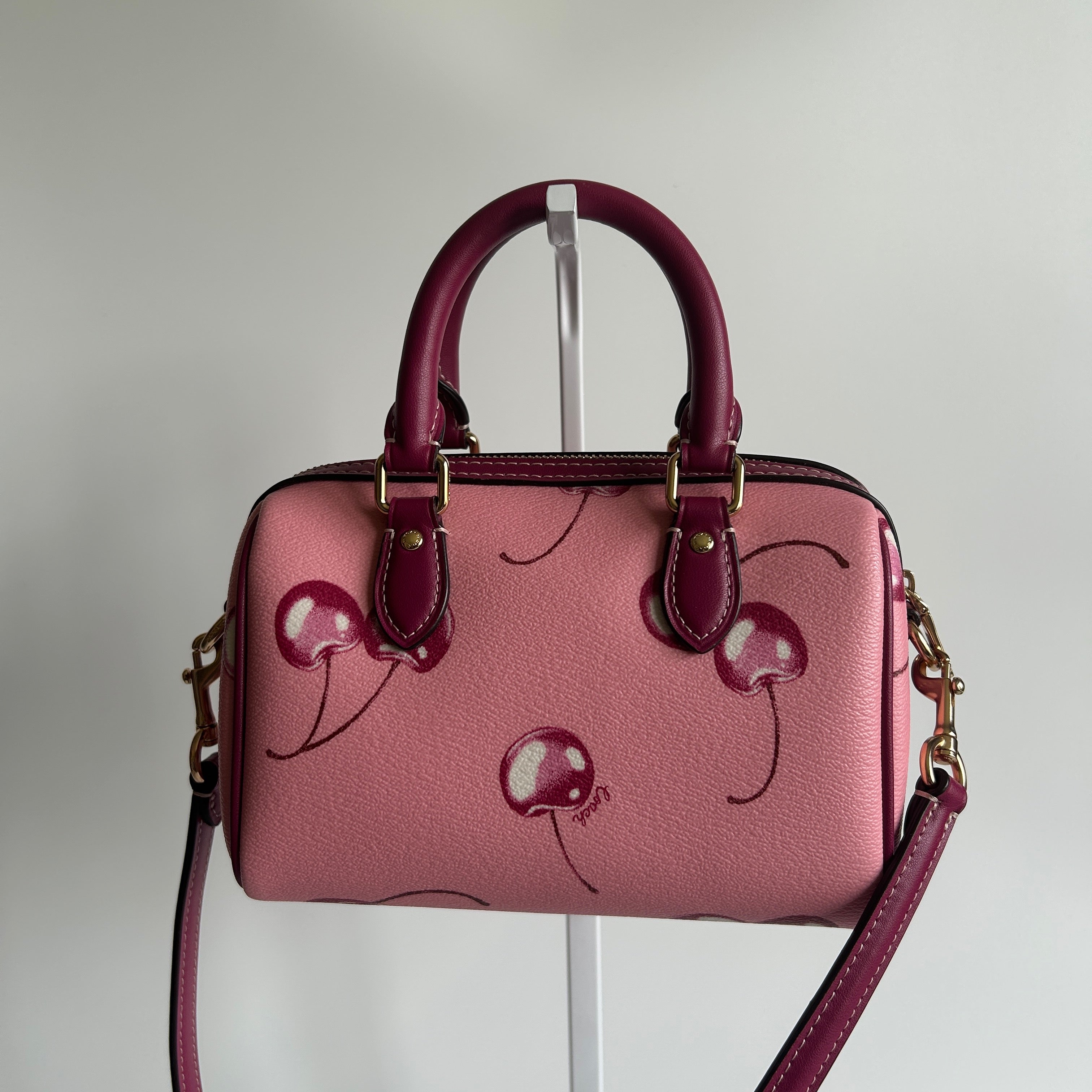 Coach Rowan Satchel Pink Cherry Print Crossgrain Leather Handbag Excellent