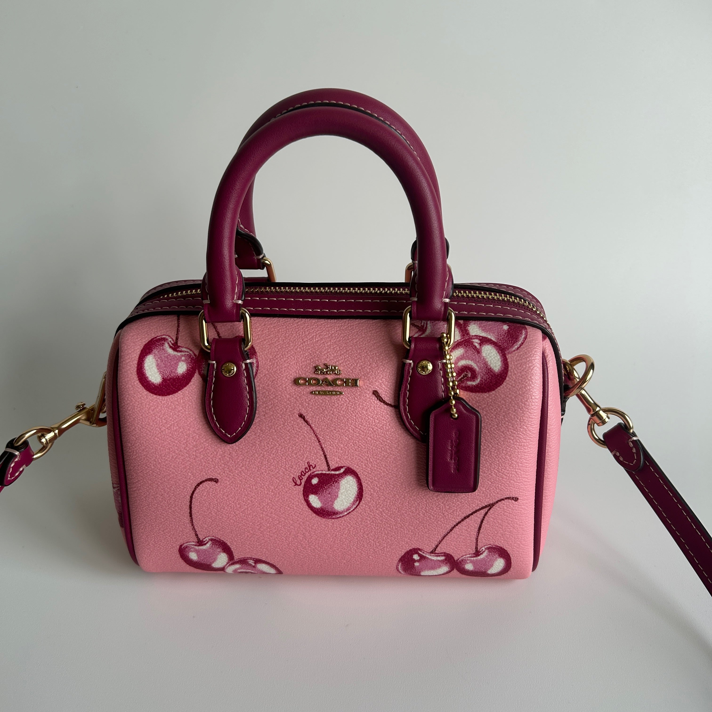 Coach Rowan Satchel Pink Cherry Print Crossgrain Leather Handbag Excellent