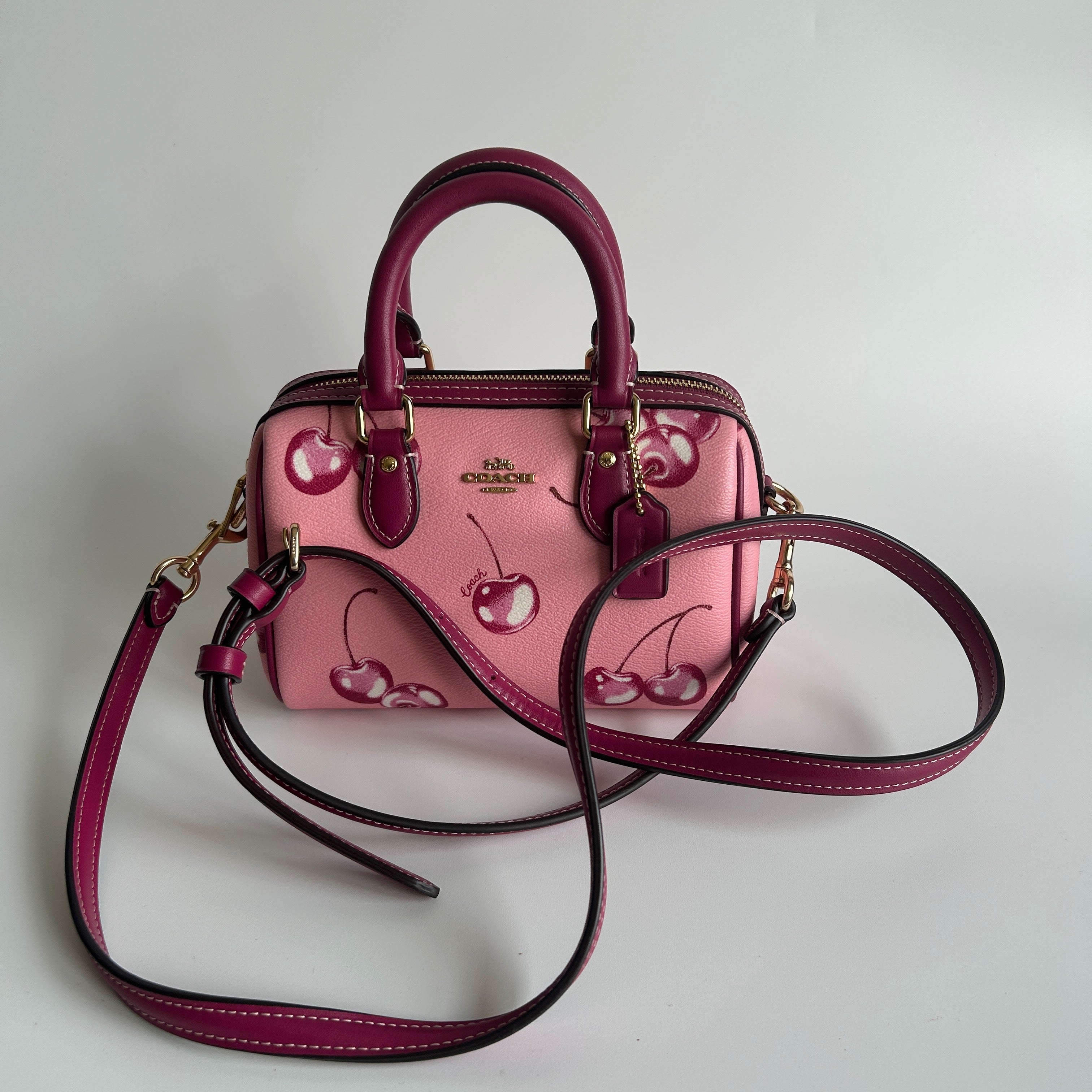 Coach Rowan Satchel Pink Cherry Print Crossgrain Leather Handbag Excellent