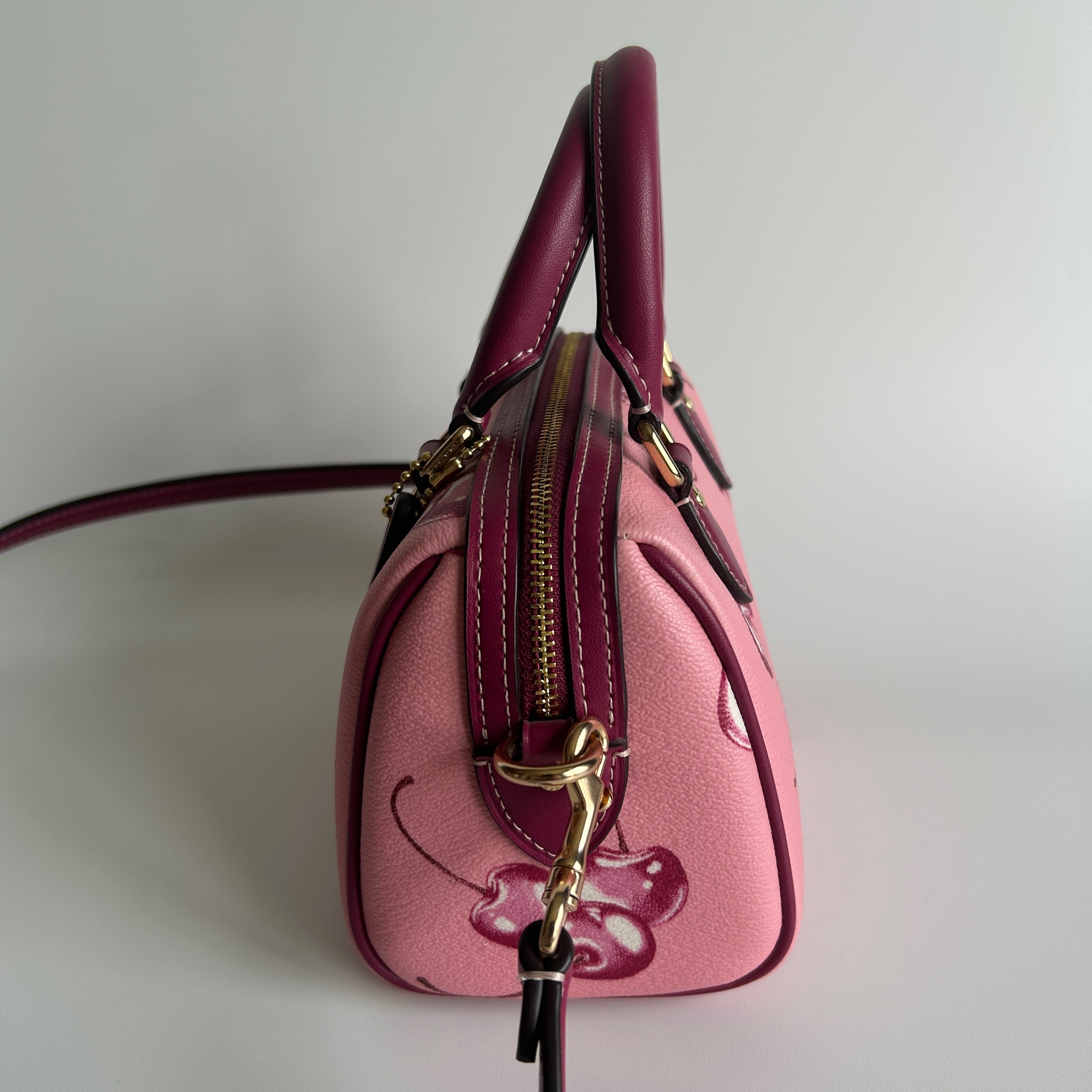 Coach Rowan Satchel Pink Cherry Print Crossgrain Leather Handbag Excellent