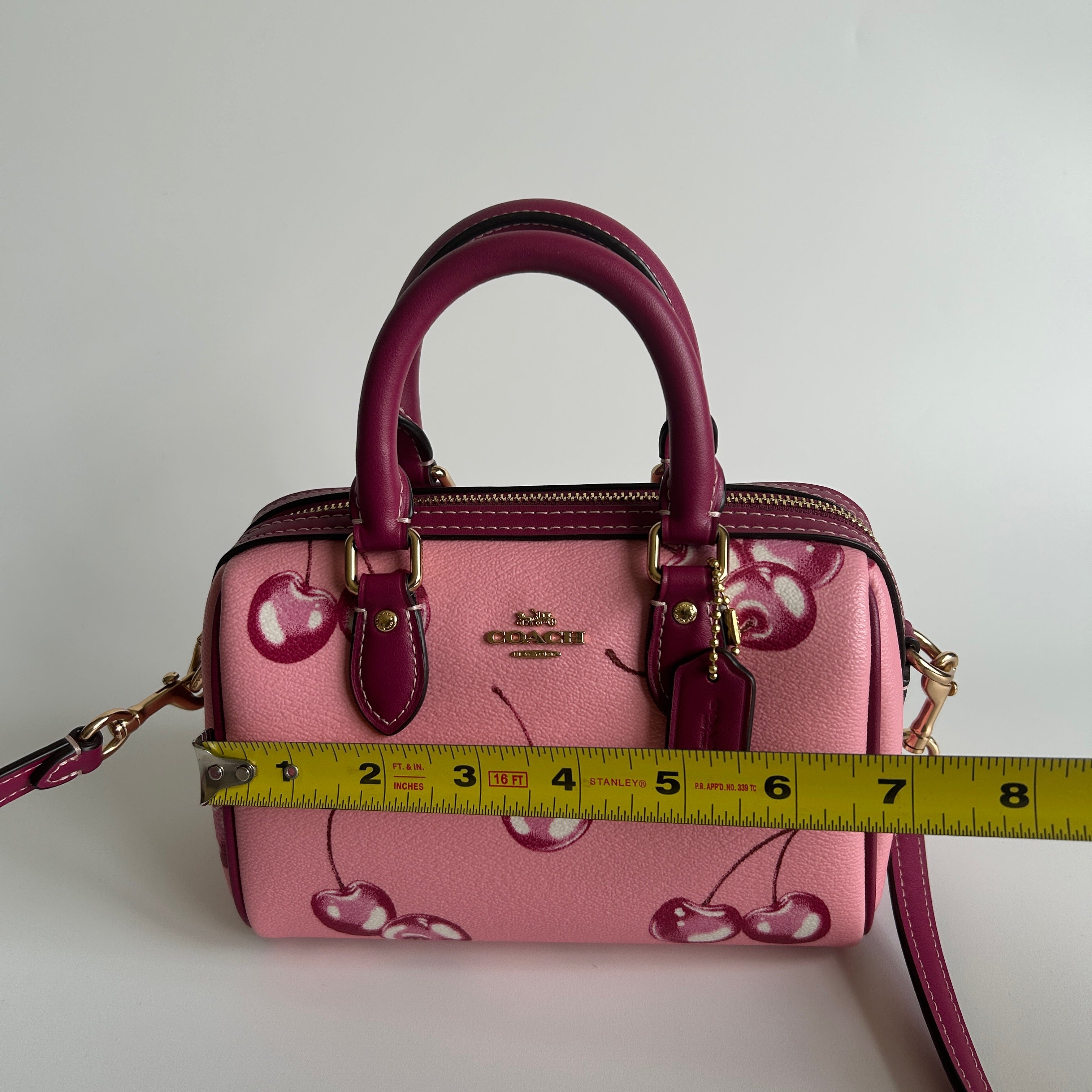 Coach Rowan Satchel Pink Cherry Print Crossgrain Leather Handbag Excellent