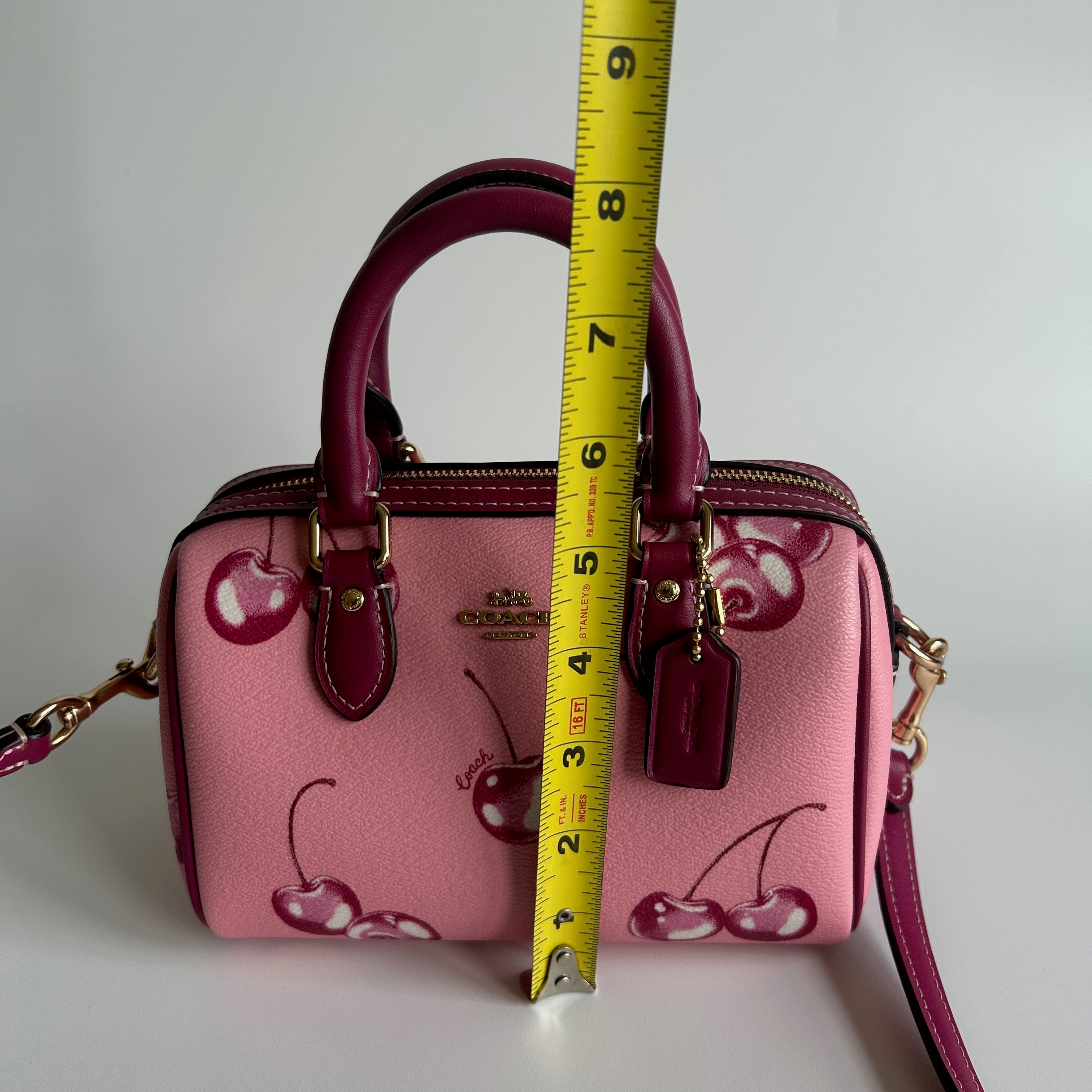 Coach Rowan Satchel Pink Cherry Print Crossgrain Leather Handbag Excellent