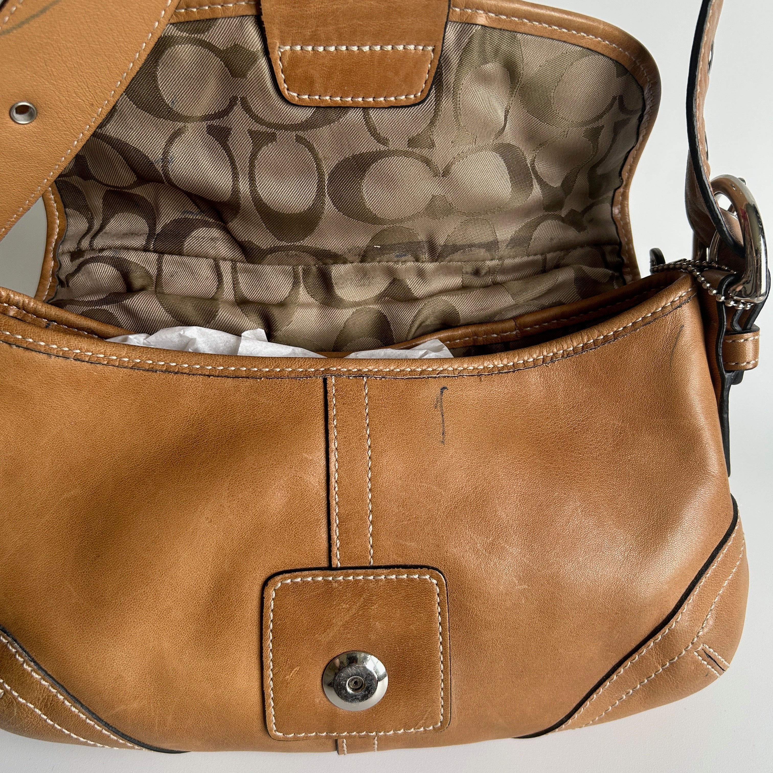 Coach Soho Tan Brown Leather Flap Shoulder Bag 9248 Good