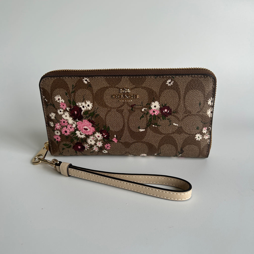Coach C2847 Brown Pink Floral Signature Canvas Accordion Zip Wristlet Like New