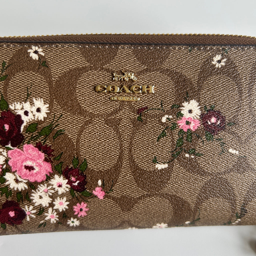 Coach C2847 Brown Pink Floral Signature Canvas Accordion Zip Wristlet Like New