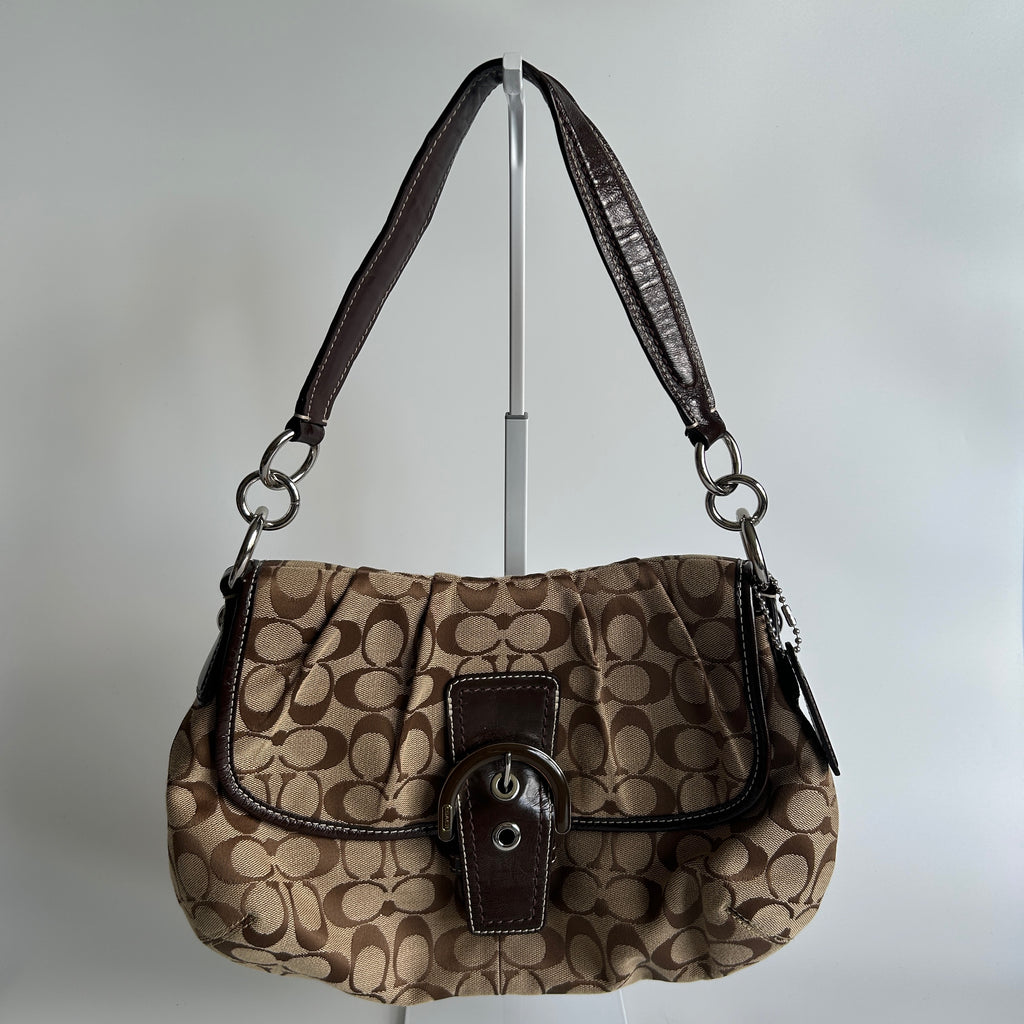Coach Soho Pleated Signature Khaki Brown Canvas Leather Shoulder Bag F17093