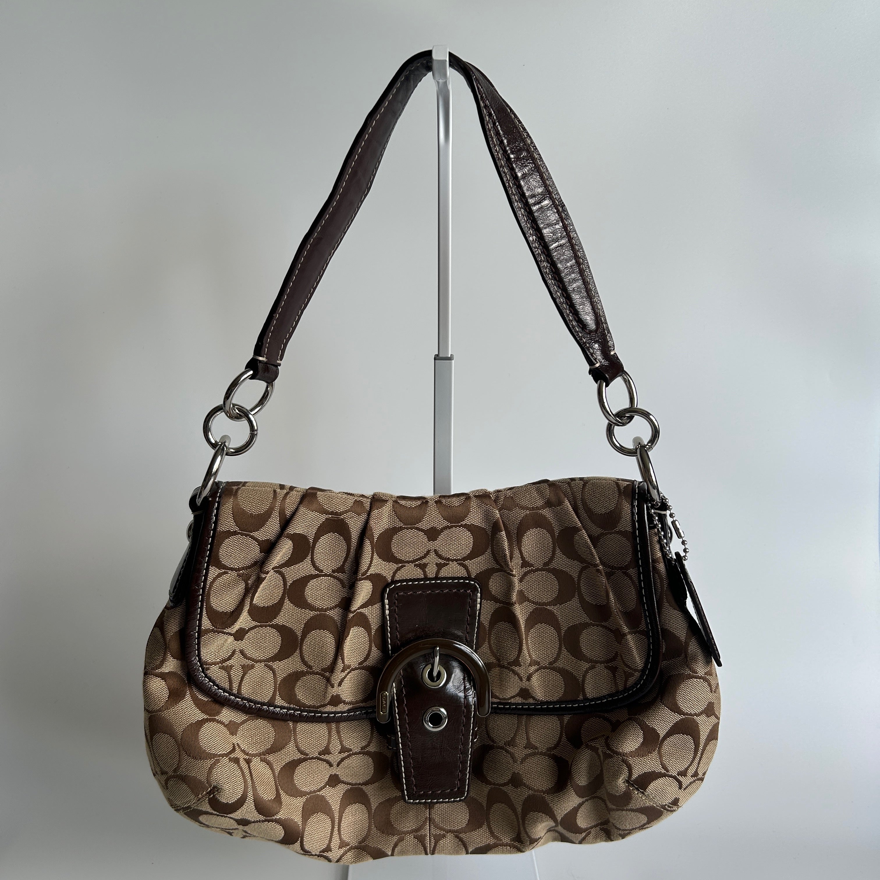 Coach Soho Pleated Signature Khaki Brown Canvas Leather Shoulder Bag F17093