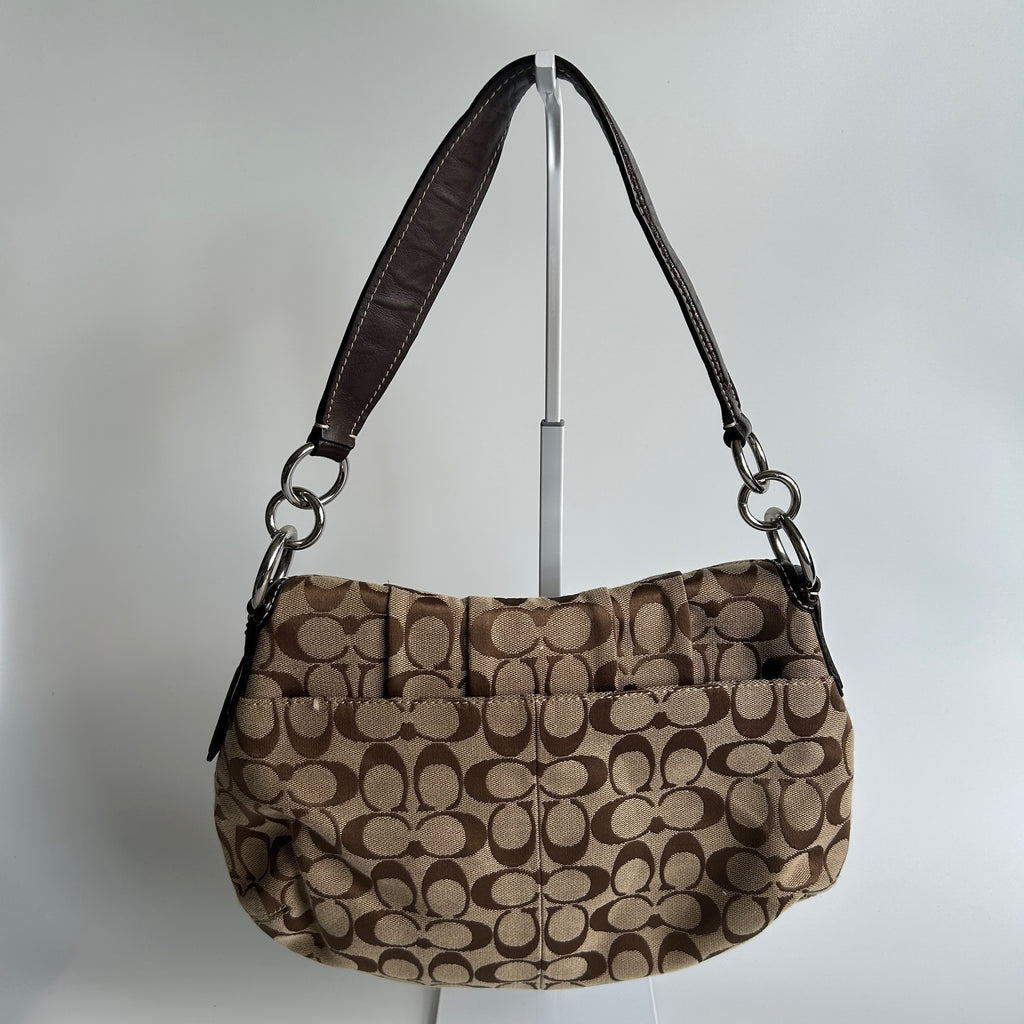 Coach Soho Pleated Signature Khaki Brown Canvas Leather Shoulder Bag F17093
