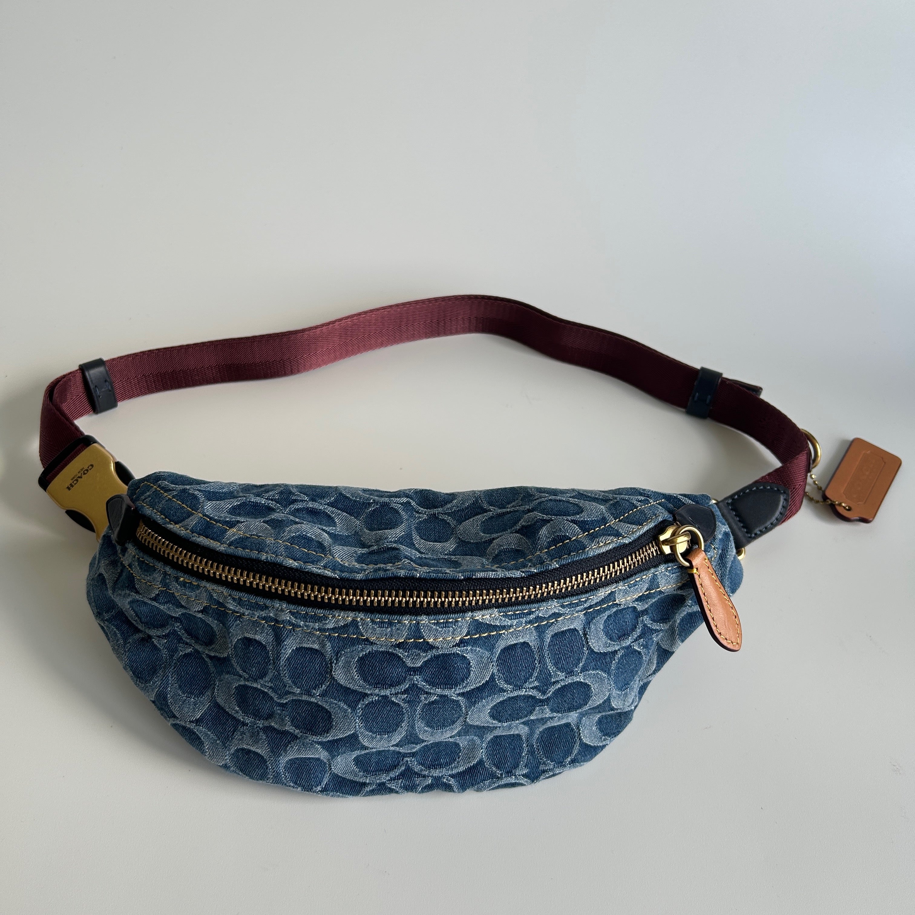Coach Charter Belt Bag 7 Blue Signature Denim Leather Fanny Pack Excellent