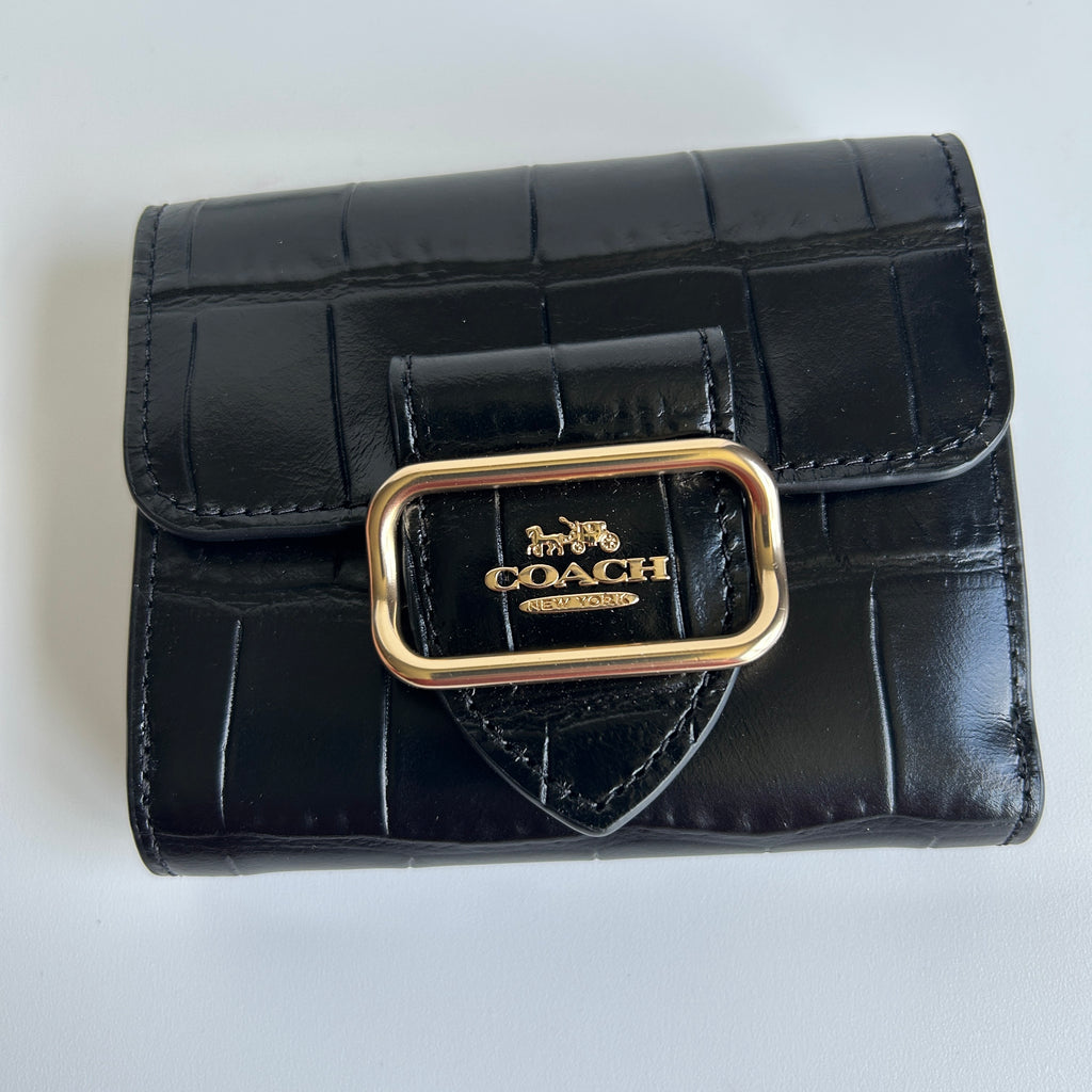 Coach Morgan Black Croc Embossed Leather Small Wallet Excellent