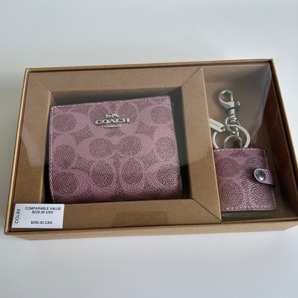 Coach Snap Wallet Bag Charm Set Metallic Pink Signature Canvas New