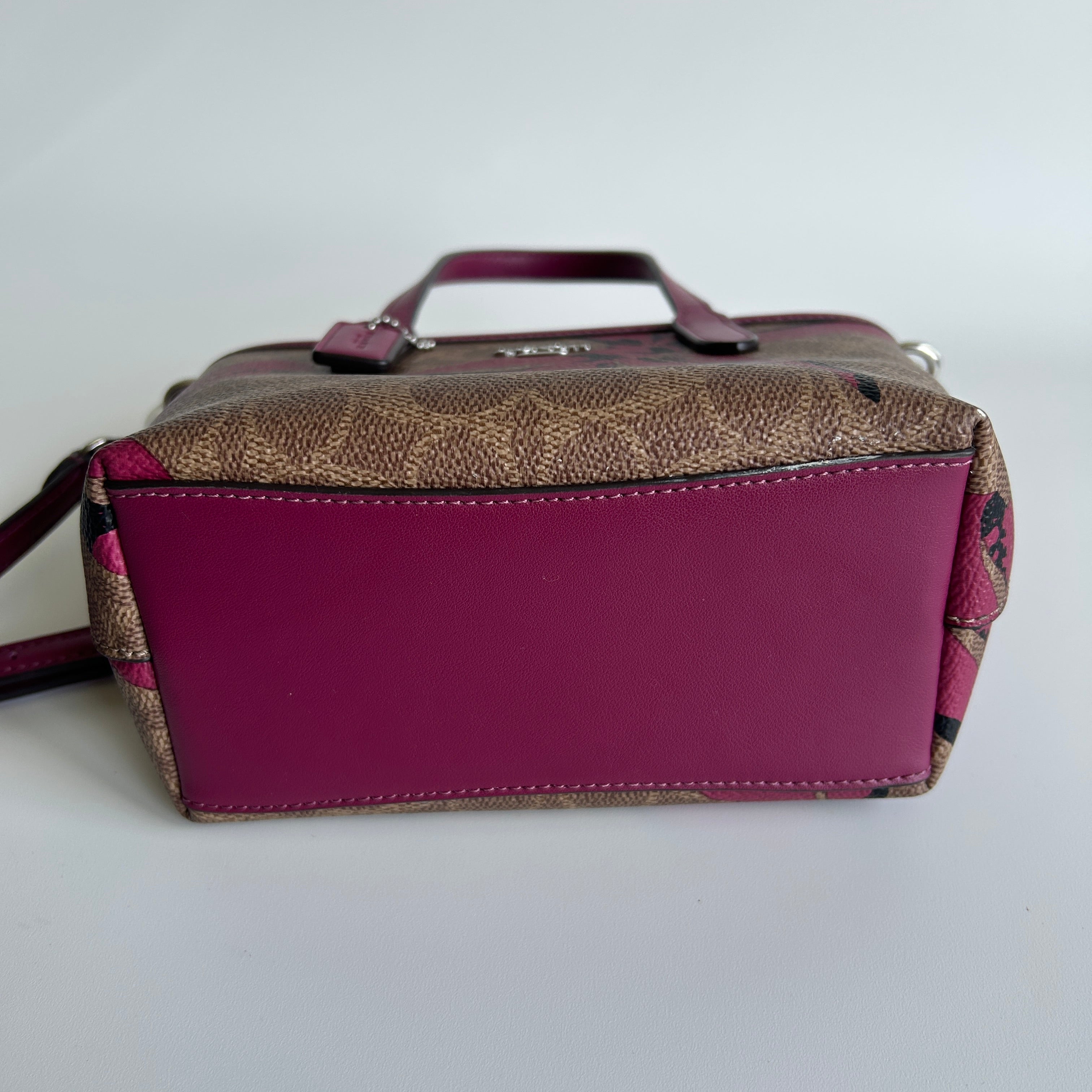 Coach City Mini Tote Brown Pink Bow Signature Canvas Leather Bag Good