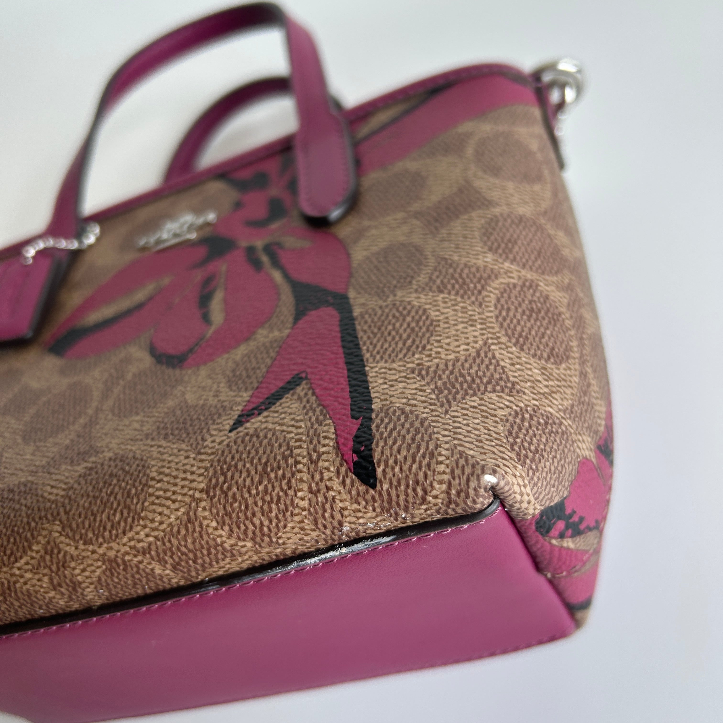 Coach City Mini Tote Brown Pink Bow Signature Canvas Leather Bag Good
