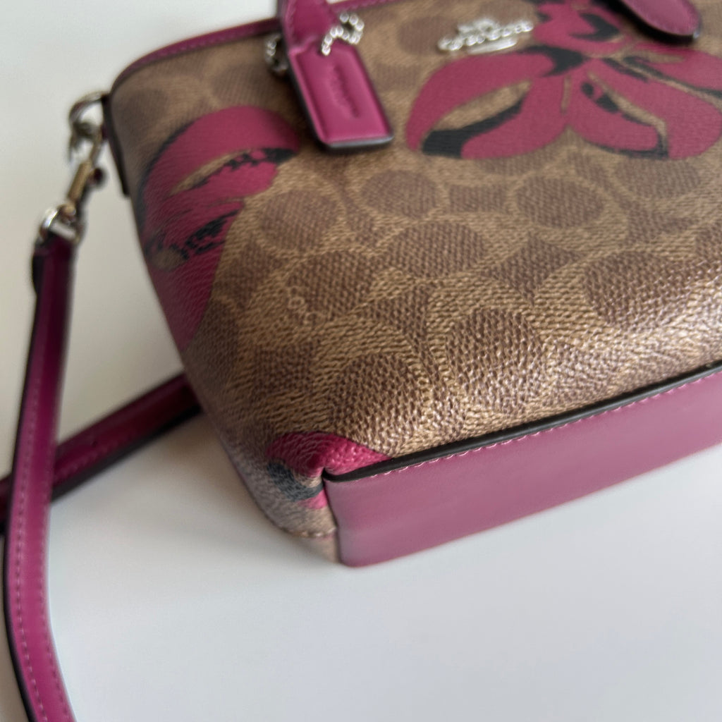 Coach City Mini Tote Brown Pink Bow Signature Canvas Leather Bag Good