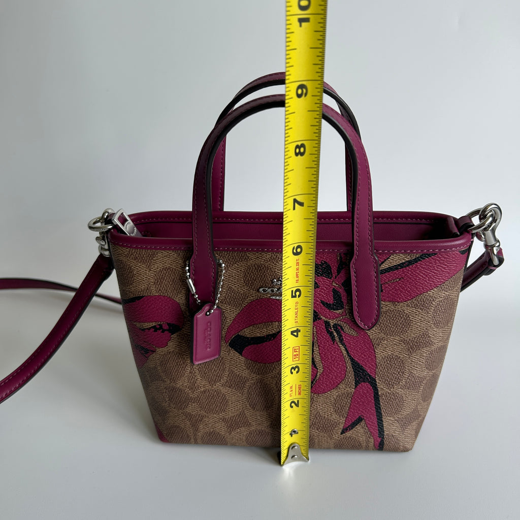 Coach City Mini Tote Brown Pink Bow Signature Canvas Leather Bag Good