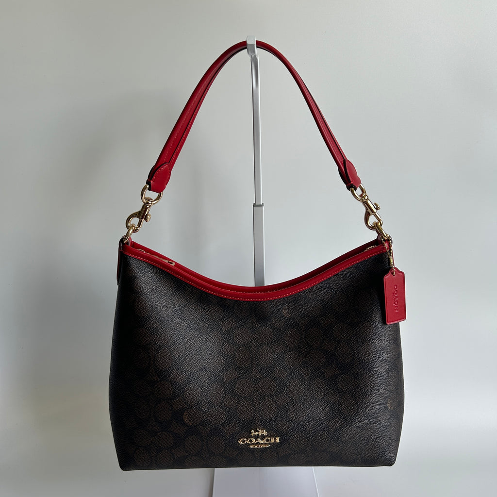 Coach Laurel Brown Red Signature Canvas Leather Shoulder Bag Excellent CV975