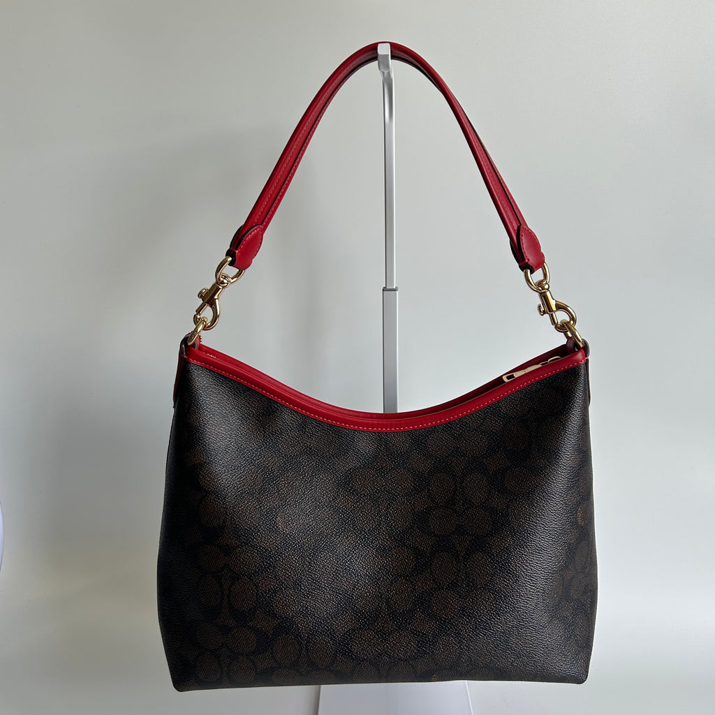 Coach Laurel Brown Red Signature Canvas Leather Shoulder Bag Excellent CV975