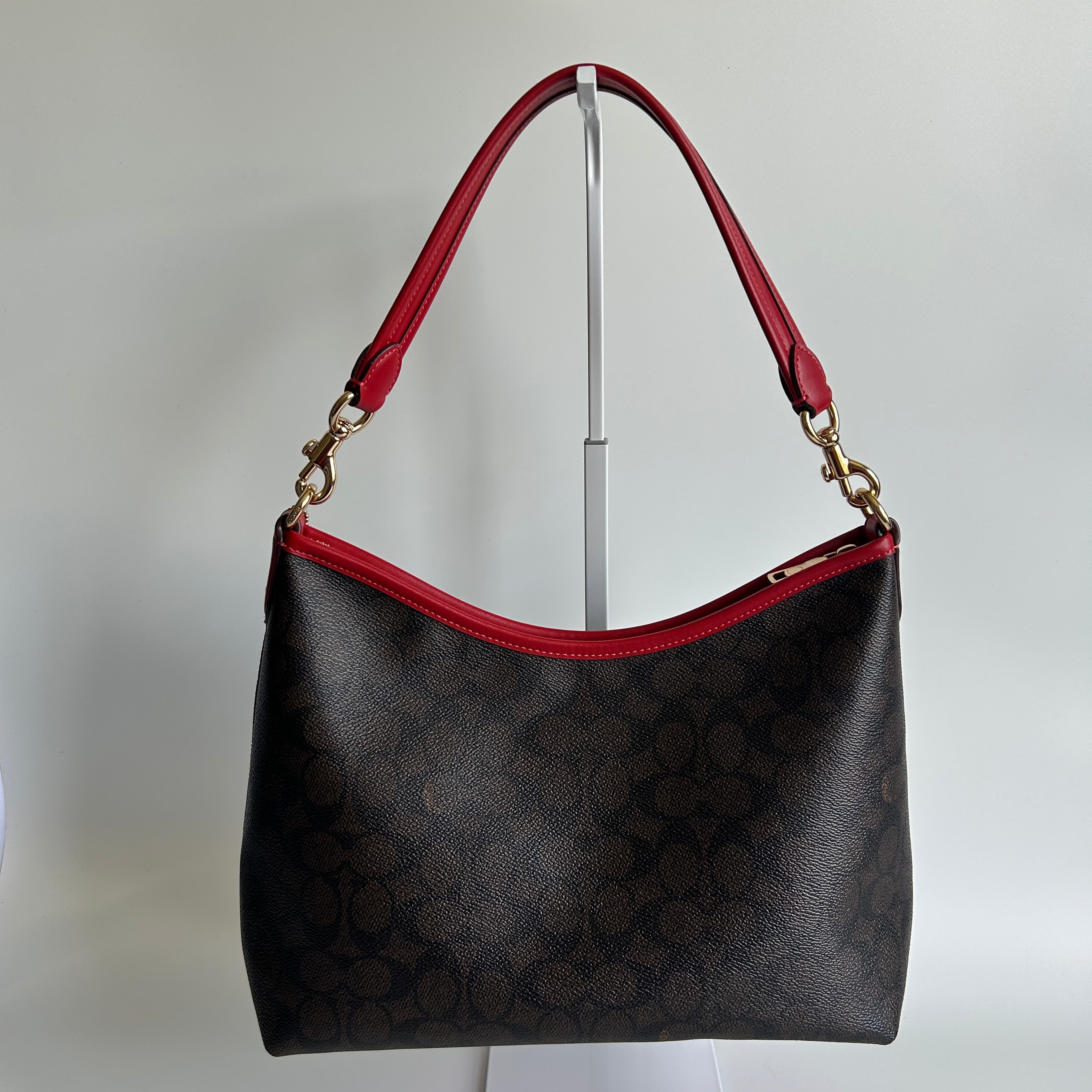 Coach Laurel Brown Red Signature Canvas Leather Shoulder Bag Excellent CV975
