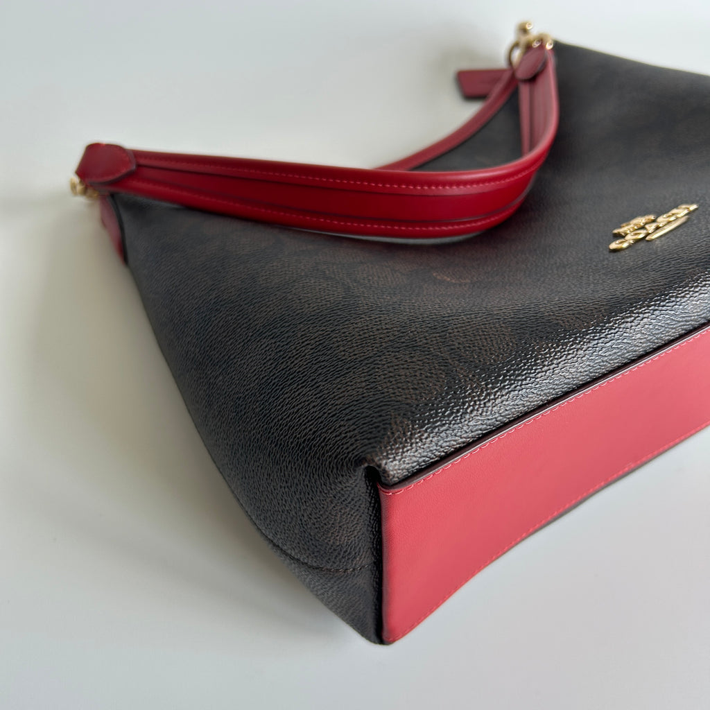 Coach Laurel Brown Red Signature Canvas Leather Shoulder Bag Excellent CV975