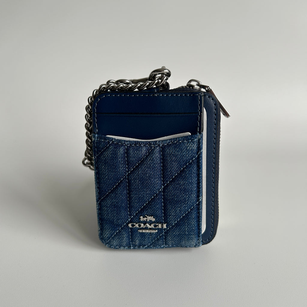 Coach Zip Card Case Denim Quilted Leather Wallet New