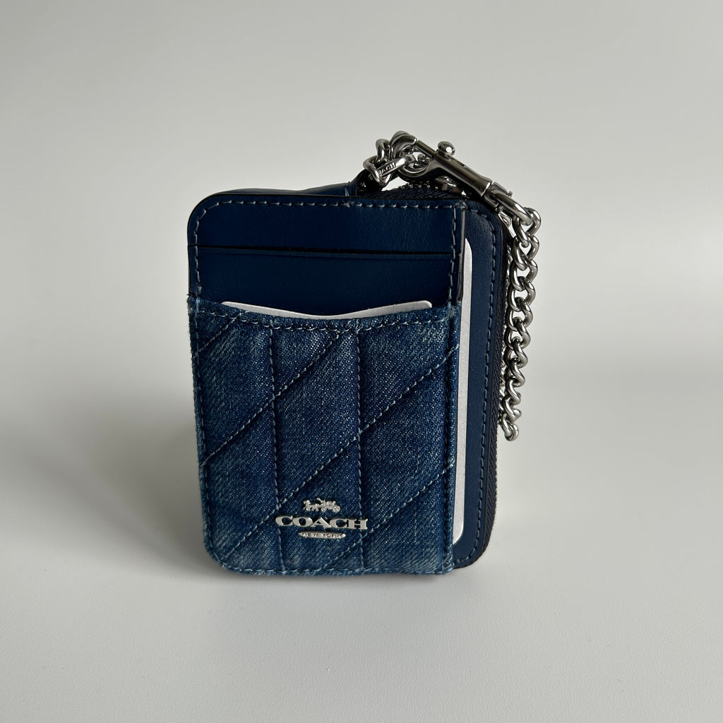 Coach Zip Card Case Denim Quilted Leather Wallet New