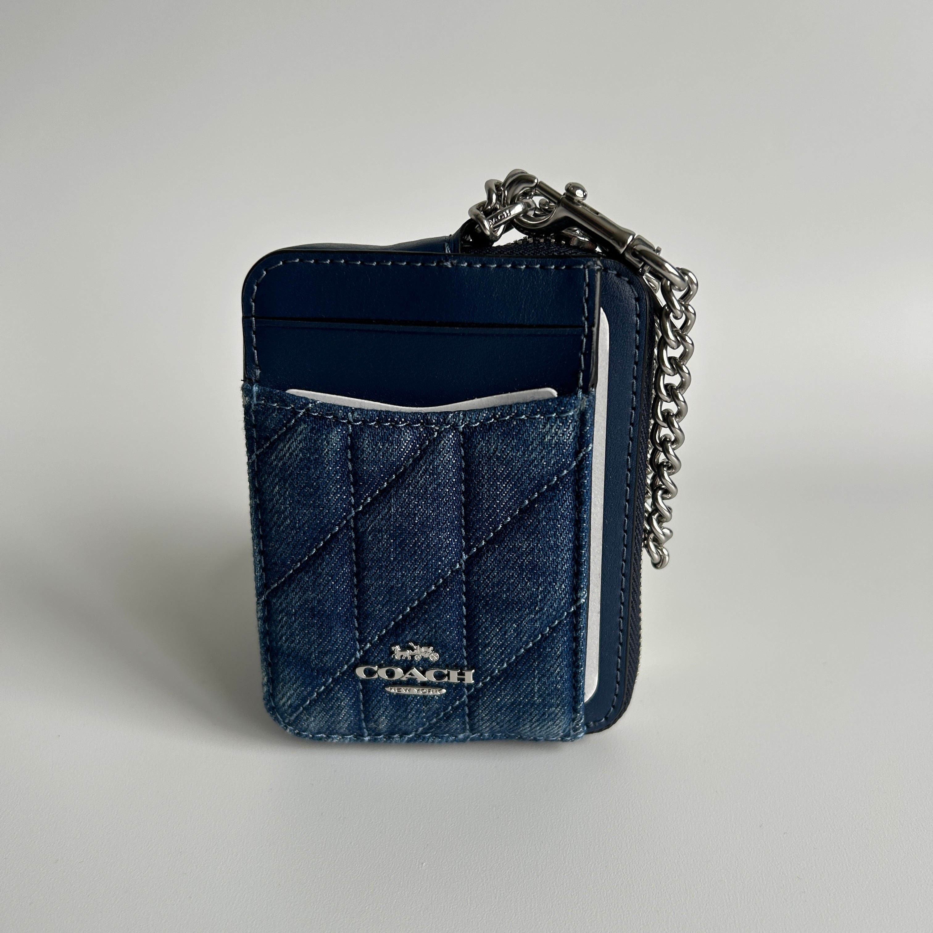 Coach Zip Card Case Denim Quilted Leather Wallet New