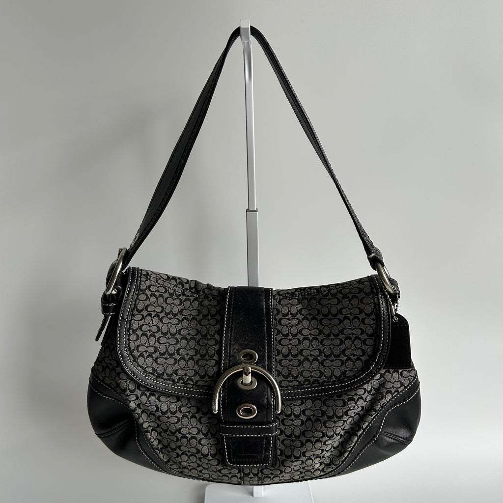 Coach Soho Flap Black Grey Signature Canvas Leather Shoulder Bag F10926 Good