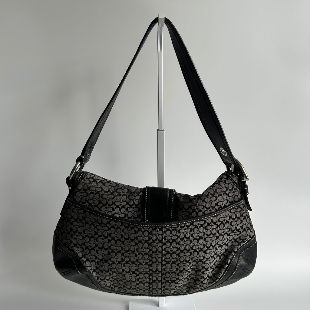 Coach Soho Flap Black Grey Signature Canvas Leather Shoulder Bag F10926 Good