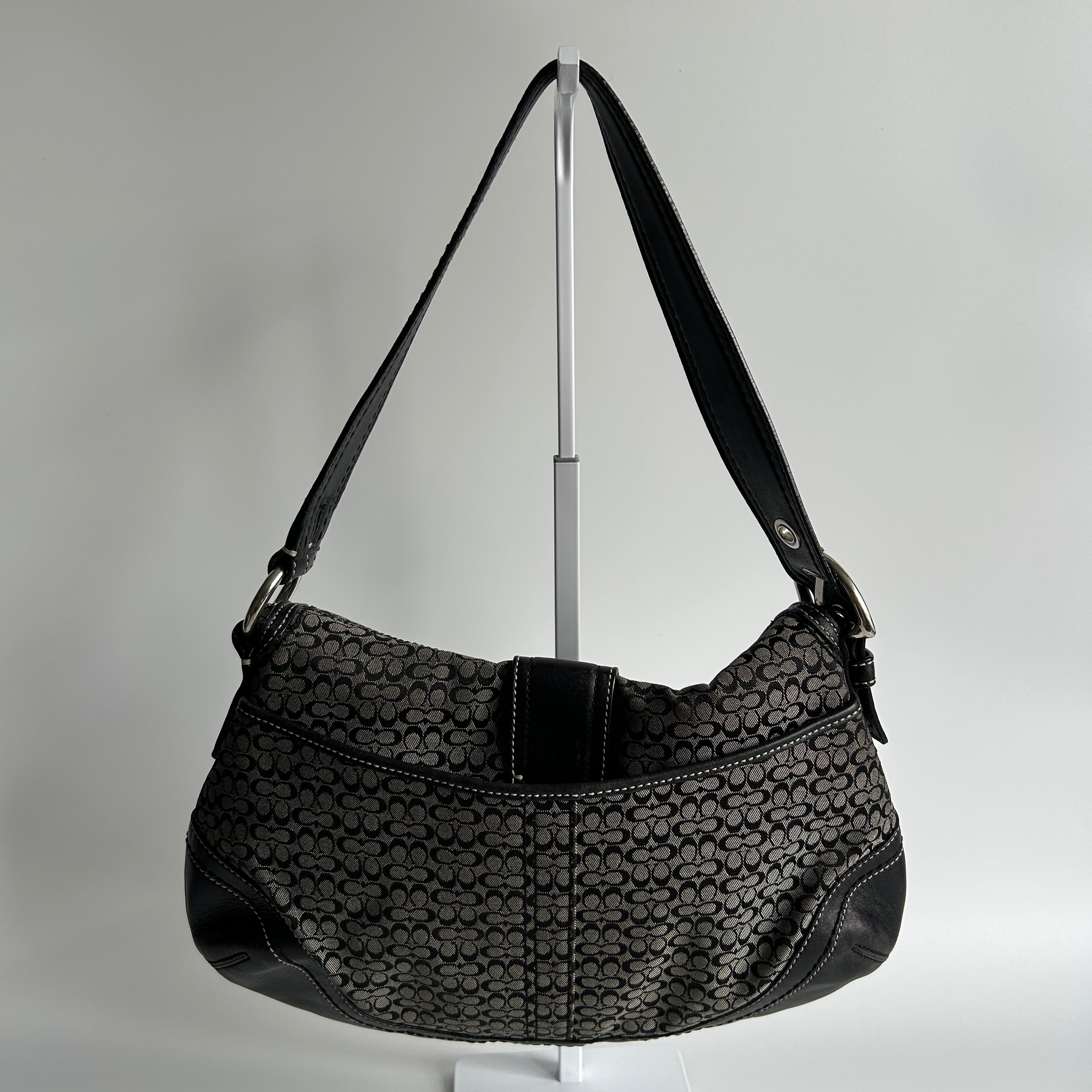 Coach Soho Flap Black Grey Signature Canvas Leather Shoulder Bag F10926 Good