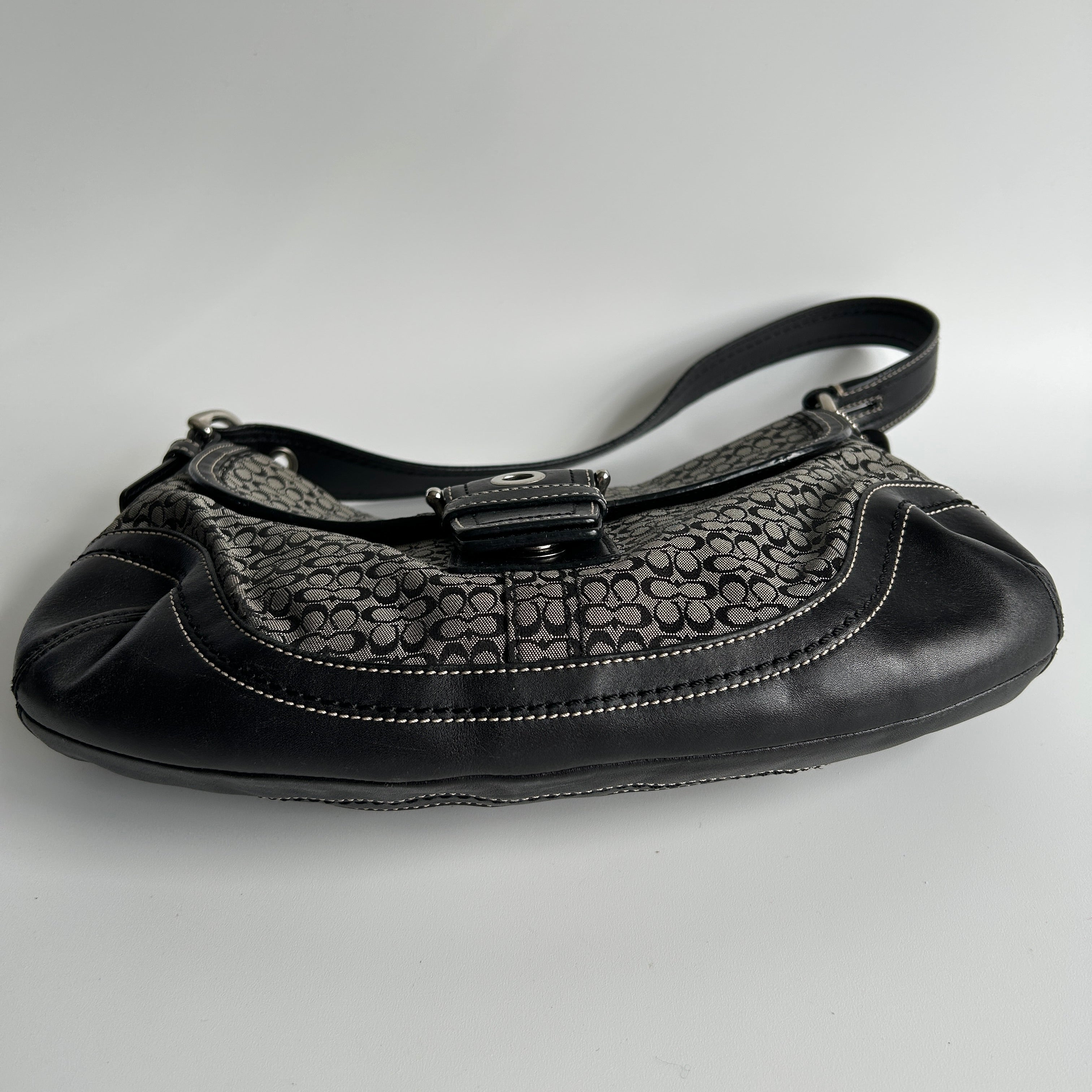 Coach Soho Flap Black Grey Signature Canvas Leather Shoulder Bag F10926 Good