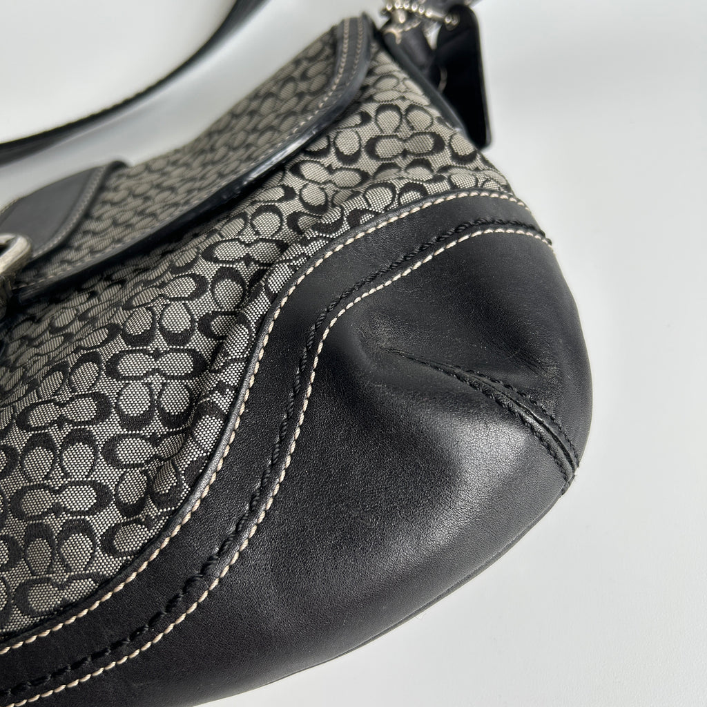 Coach Soho Flap Black Grey Signature Canvas Leather Shoulder Bag F10926 Good